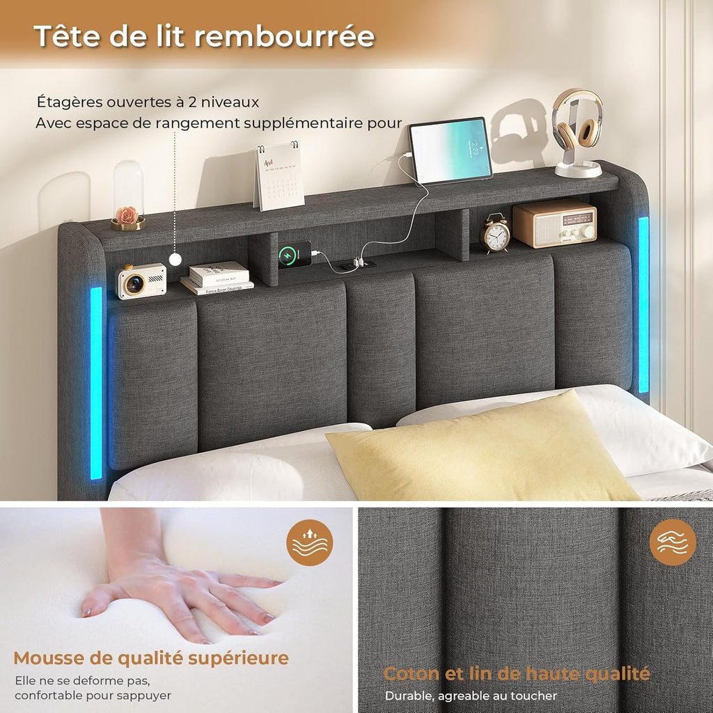 AOGLLATI Lit Coffre 140x190 CM, Lit Double avec LED et Ports USB, Cadre de lit avec Tête de Lit capitonné et Rangement, Lattes en Bois, Lin Gris Foncé sans Matelas