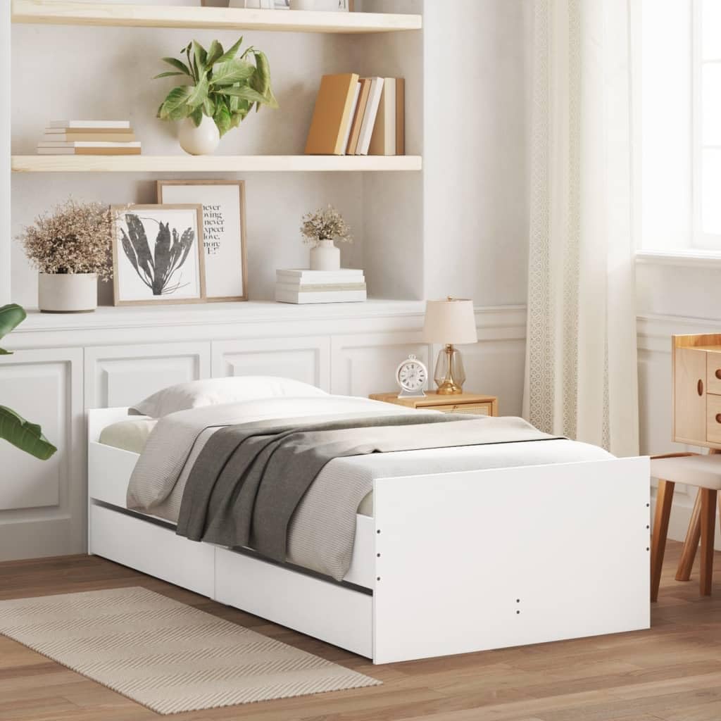 vidaXL Cadre de Lit avec Tiroirs, Lit Simple avec Sommier à Lattes, Lit Adulte de Chambre, Moderne, Blanc 90x190 cm Bois d'Ingénierie
