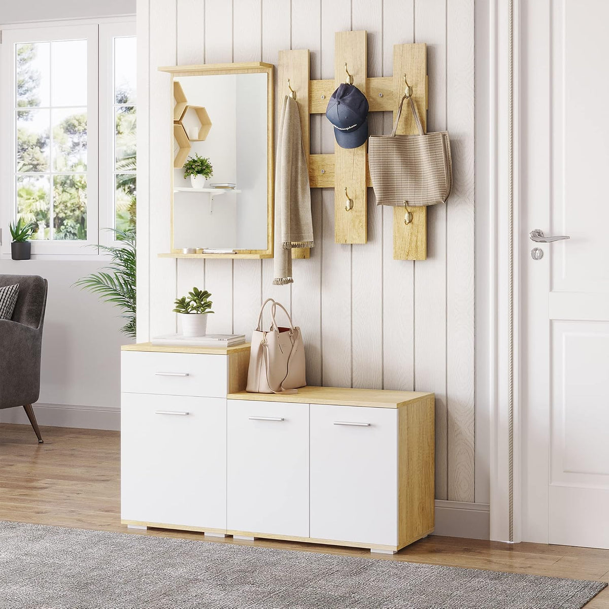 HOMCOM Ensemble d'entrée 3 en 1 avec Cintre, Miroir et Meuble à Chaussures avec Banc en Bois, en Bois et Blanc