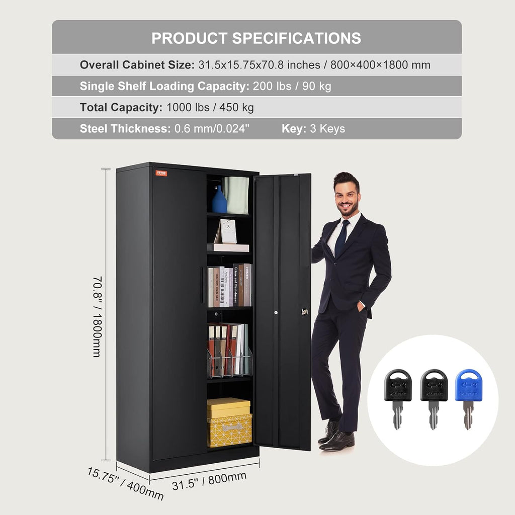 VEVOR Armoire de rangement en métal, armoire de rangement verrouillable en acier avec 2 portes magnétiques et 4 étagères réglables, armoire en métal de 180,7 cm, capacité de 90,7 kg par étagère avec 3
