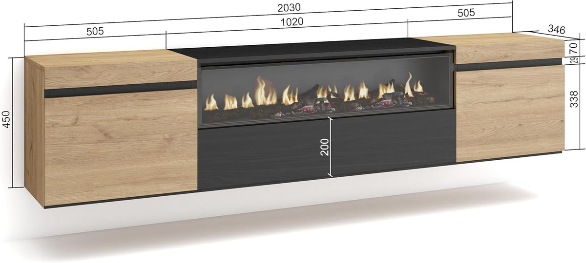 Skraut Home | Meuble TV | Banc Télé | Grand Espace de Rangement | 200x45x35cm | pour Les TV jusqu'à 80" | Cheminée électrique | Suspendu, Mural | Style Moderne | Chêne et Noir