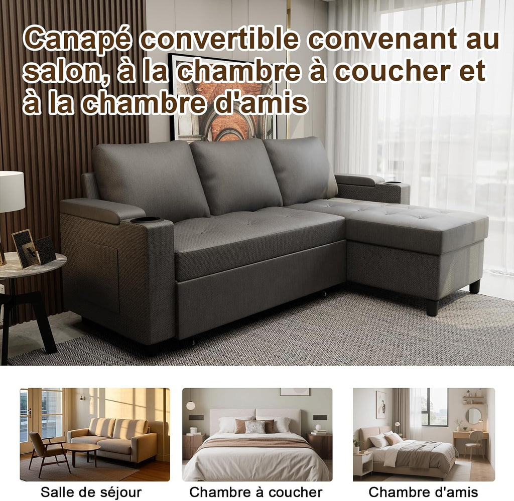 Devoko Canapé d'angle Convertible Modulaire 3 Places en L - Canapé-Lit avec Chaise Longue, Rangement Intégré et Porte-Gobelets - Design Moderne pour Salon, Anthracite (Gris)