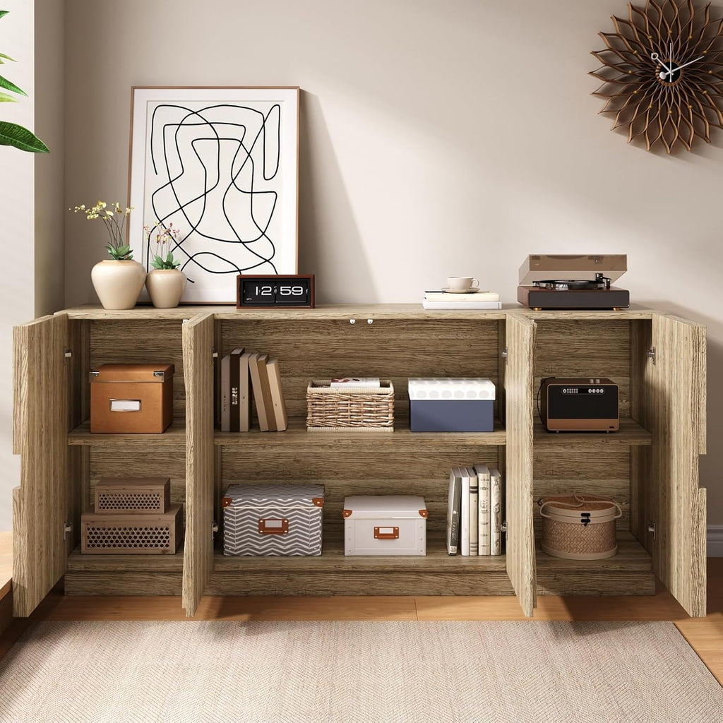 PUGSDRLY Armoire à Couverts avec étagères, Buffet avec Ferme-Portes, Armoire de Rangement en Bois Naturel à Quatre Portes(160 x 40 x 80 cm)