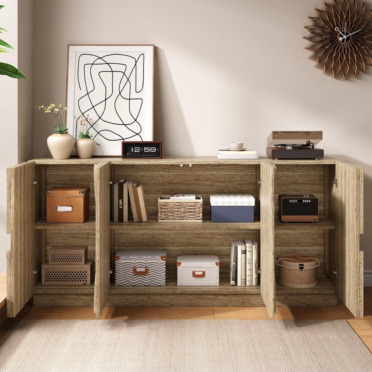 PUGSDRLY Armoire à Couverts avec étagères, Buffet avec Ferme-Portes, Armoire de Rangement en Bois Naturel à Quatre Portes(160 x 40 x 80 cm)