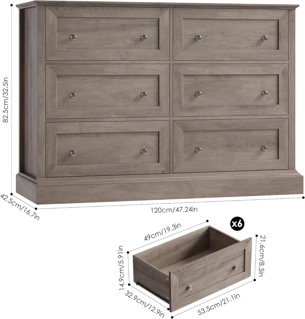 FOREHILL Commode Chambre Commode 6 Tiroirs Buffet Meuble de Rangement pour Salon Cuisne Chambre Adulte Classique en Bois 120 x 42,5 x 82,5 cm
