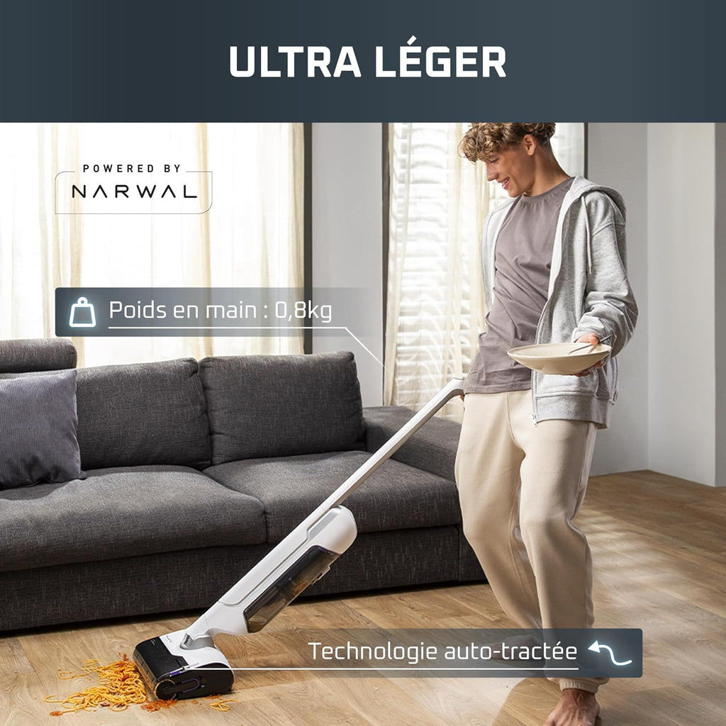 Rowenta X-Clean 10, Aspirateur Laveur sans fil, Design Plat 180°, Auto-Nettoyage et séchage 65°C, Autonomie 60min, Parfait pour Tâches Tenaces et Poils d’Animaux GZ7540WO, Blanc