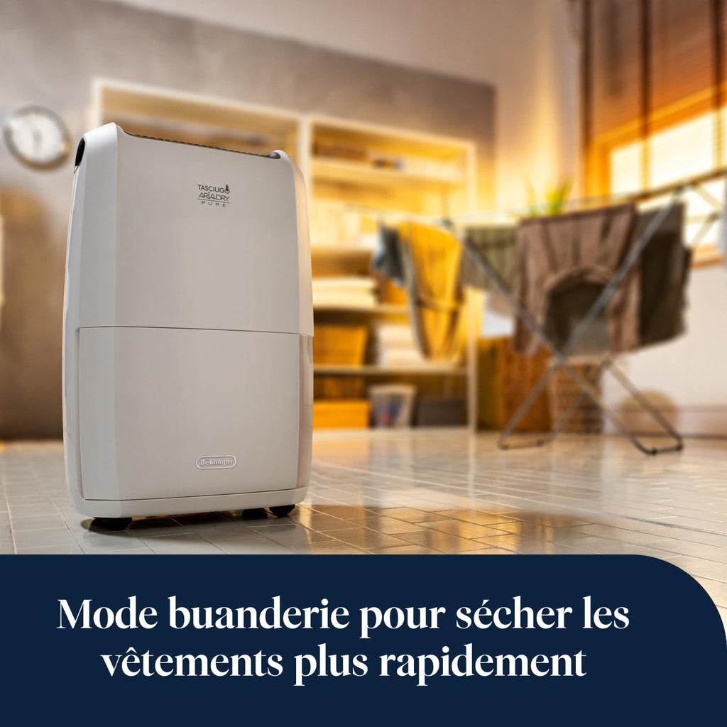 De’Longhi Tasciugo AriaDry Multi - Déshumidificateur Portable pour la Maison, Élimination de l'Humidité 20L/24h, Séchage, Anti-Moisissure, Minuteur, Silencieux, Blanc (DDSX220)