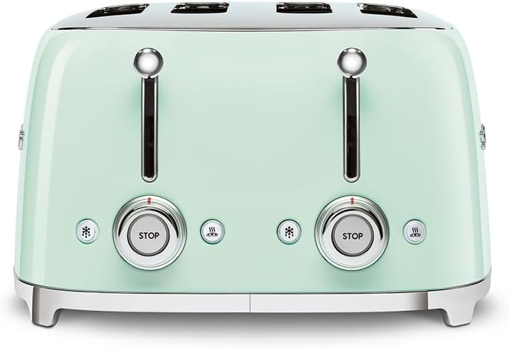 Smeg, Grille-pain 4 Tranches TSF03PGEU, 4 Fentes 36 mm, 6 Niveaux de Brunissage, Fonction Chauffage, Décongélation et Bagel, Éjection Automatique du Pain, 2 Ramasse Miettes, 2000 W, Vert Pastel