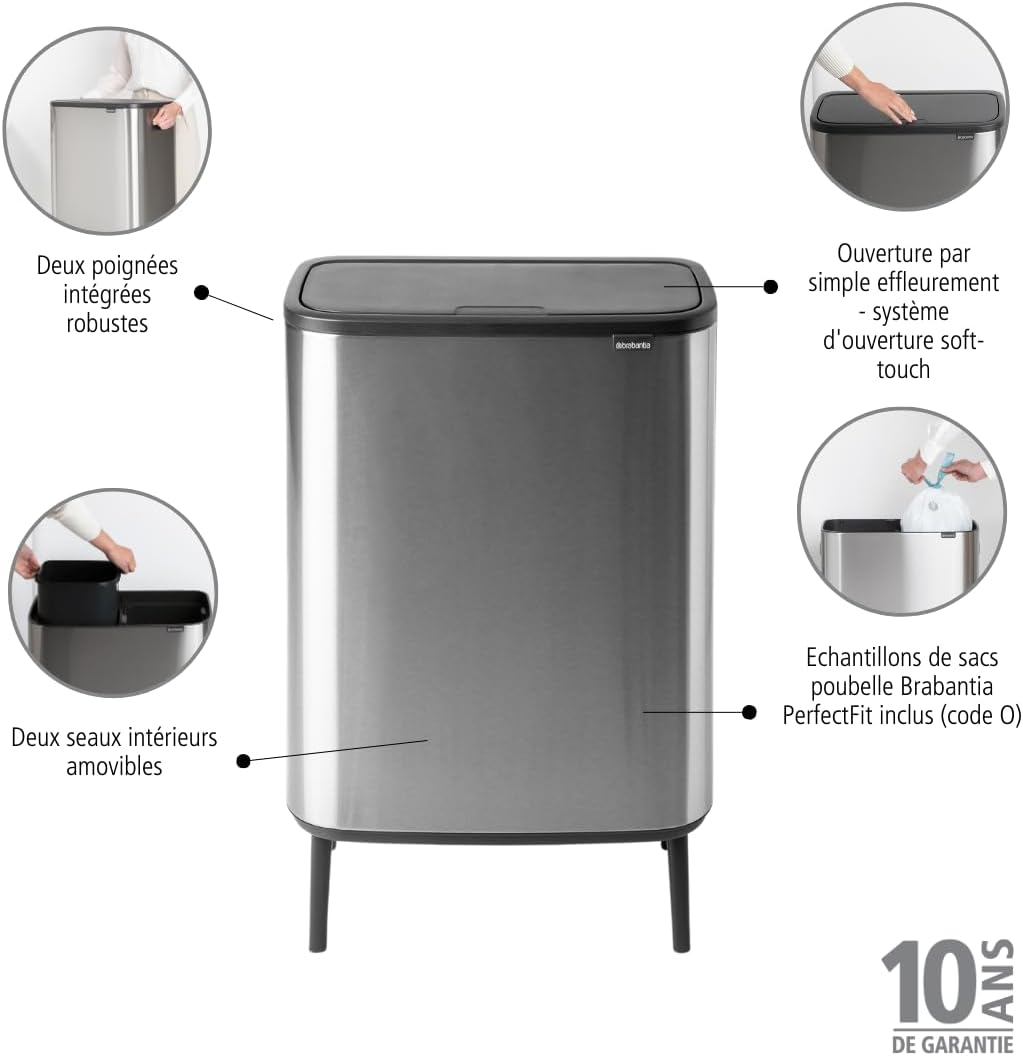 Brabantia - 130649 - Poubelle Bo Touch Bin Hi, 2x30L, Matt Steel Fingerprint Proof
