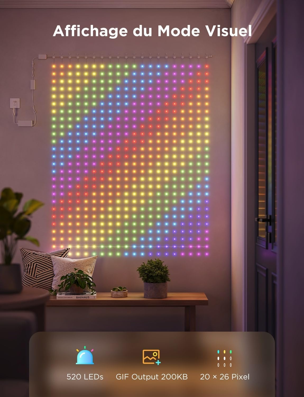 Govee Curtain Lights 3 × 2 m, Rideau LED Intelligent avec GIF DIY, 1040 RGBIC LEDs, Décoration Dynamique Intelligente, IP65 Max Etanche, Compatible avec Alexa, Décoration de Noël, (3 x 2 m)