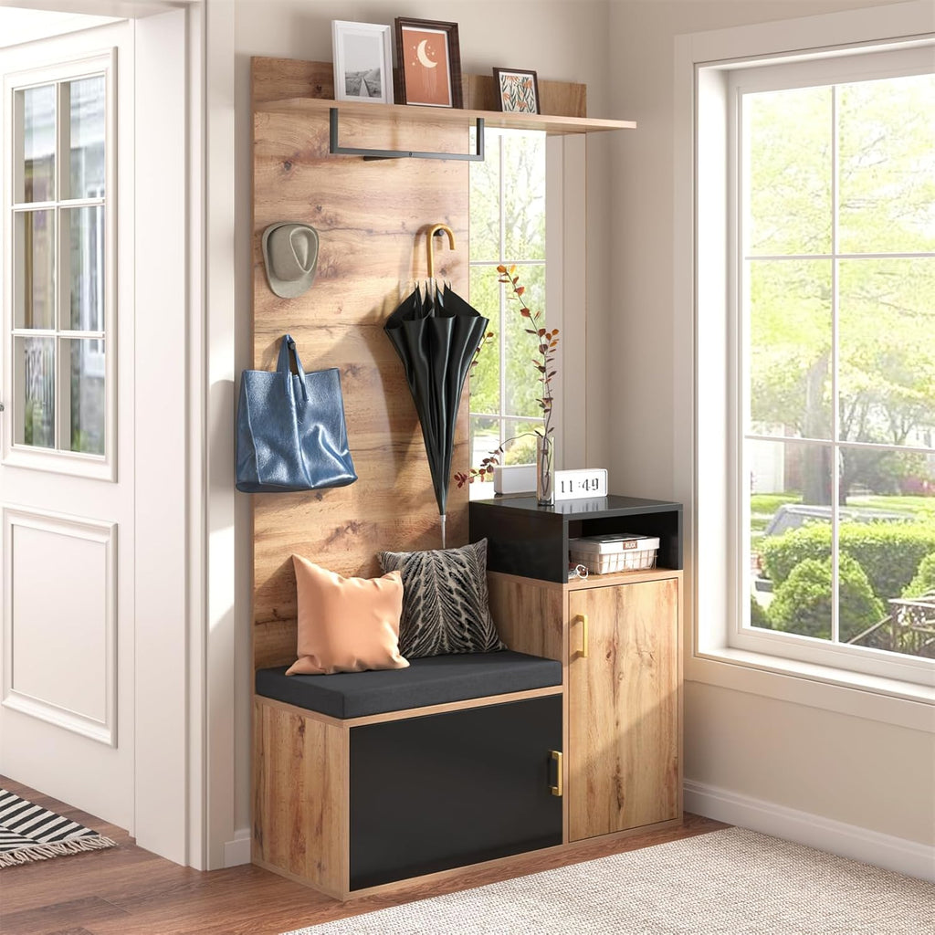 Sweiko Lot de 4 porte-manteaux avec 4 patères, miroir, armoire à chaussures, porte-manteau mural, étagère supérieure, couloir banc