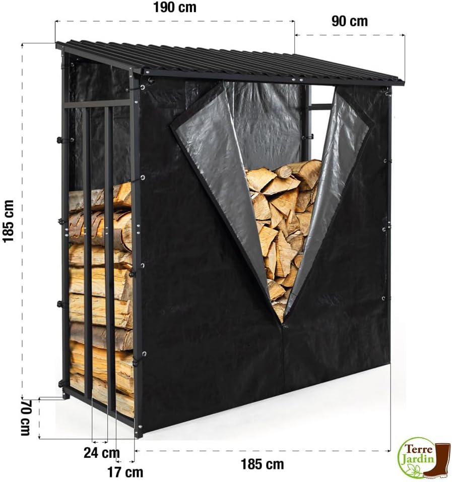 TERRE JARDIN - Range Bûches Extérieur 186 x 70 x 185 cm - Abri Bois de Chauffage avec Housse Protection - Support Bûches Extérieur en Acier Galvanisé Robuste - Résistant aux Intempéries