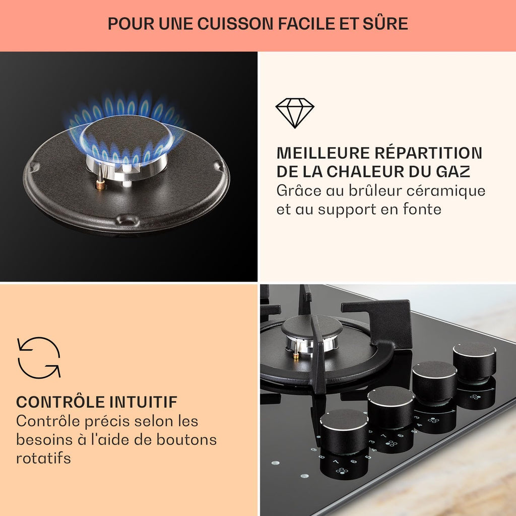 Klarstein Plaque de Cuisson Mixte 4 Feux, Vitrocéramique et Gaz, Acier Inoxydable, 6.4kW