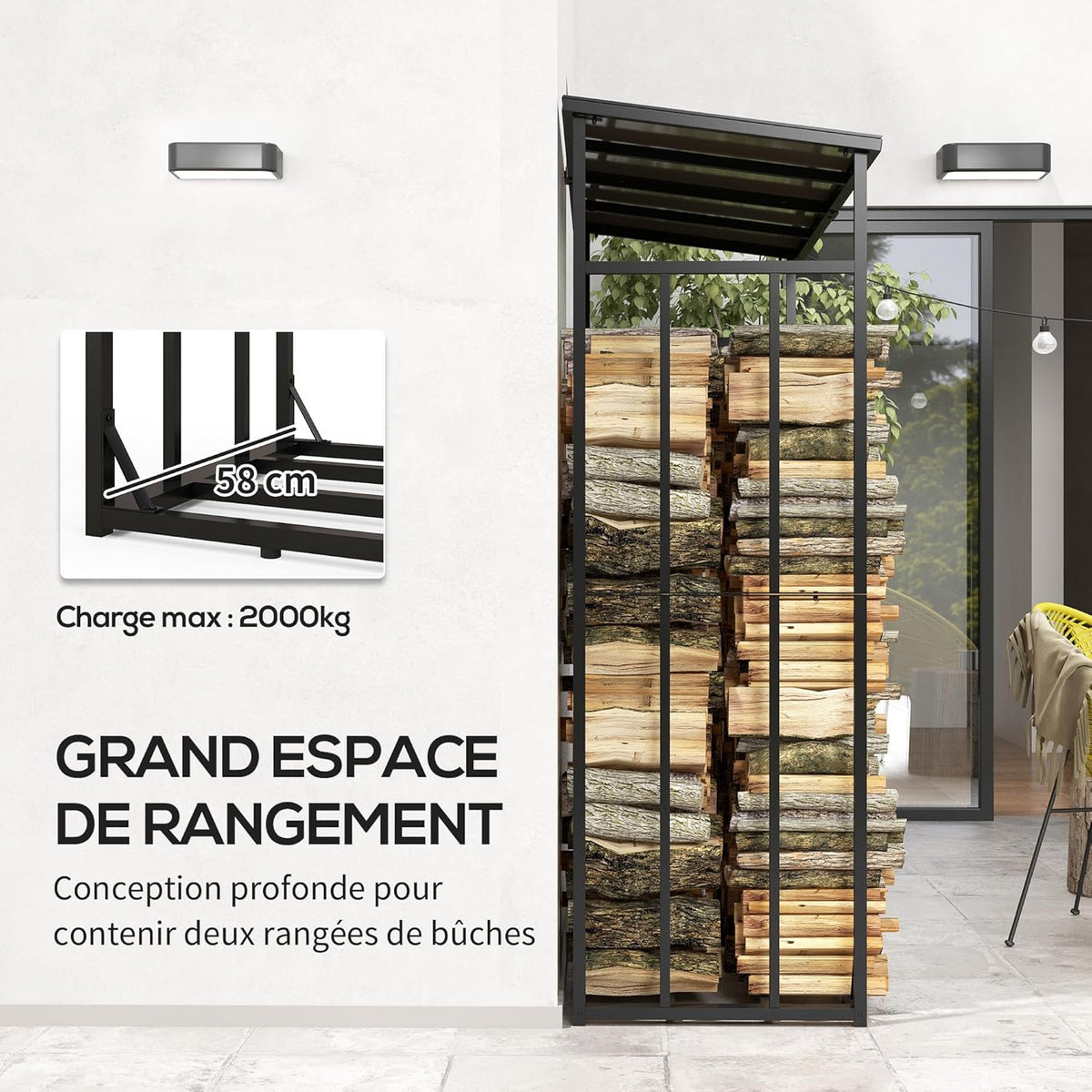 Outsunny Abri-bûches, range-bûche, charge maximale 2000 kg, avec housse de protection imperméable et toit en polycarbonate, abri bois de chauffage, 185 x 62 x 184 cm, cadre en métal, noir