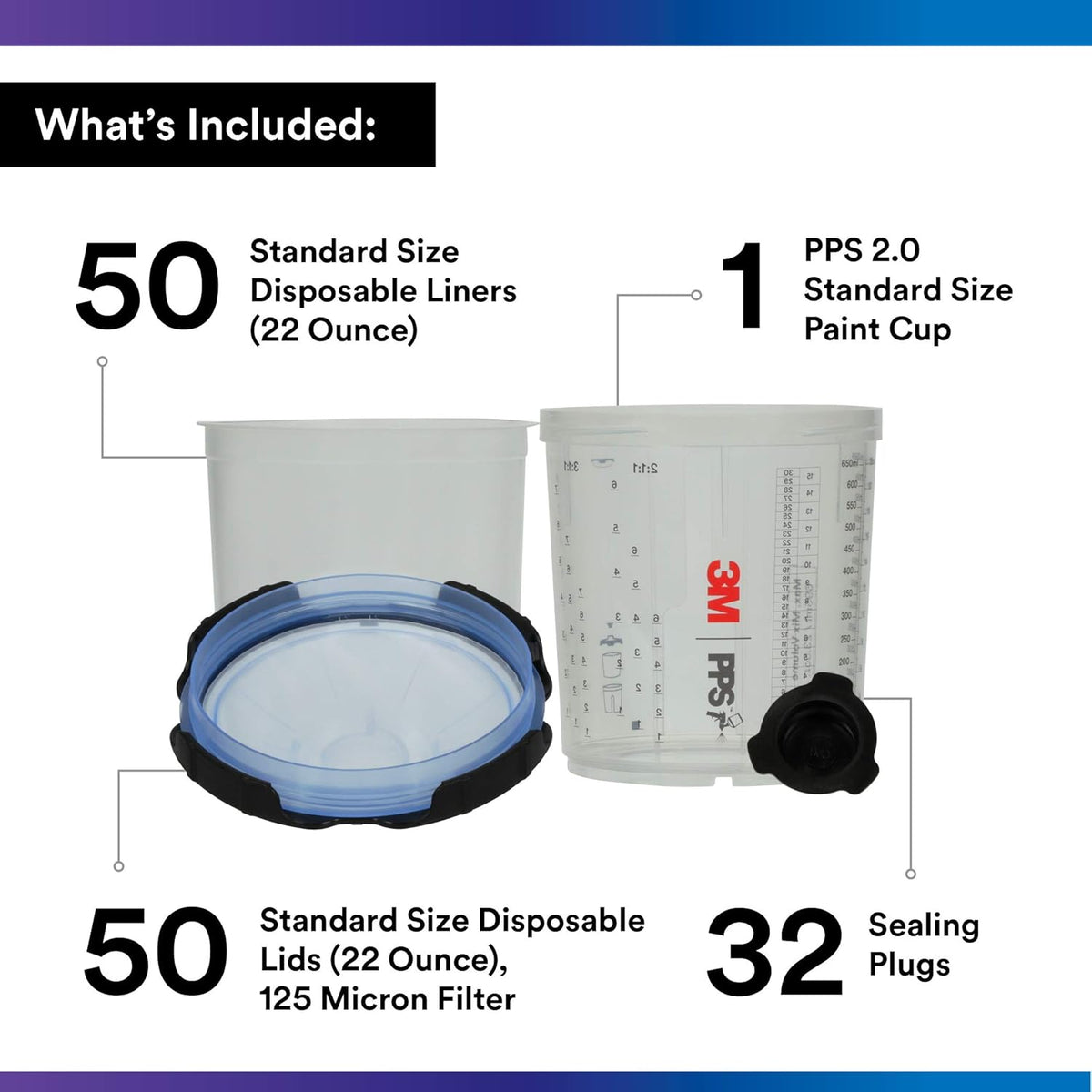 3M PPS 2.0 Pistolet pulvérisateur, kit de couvercles et doublures, 26301, Standard, Filtre de 125 microns, Utilisation pour Voitures, Meubles, Maison et Plus Encore, 1 Pot de Peinture, 50 couvercles
