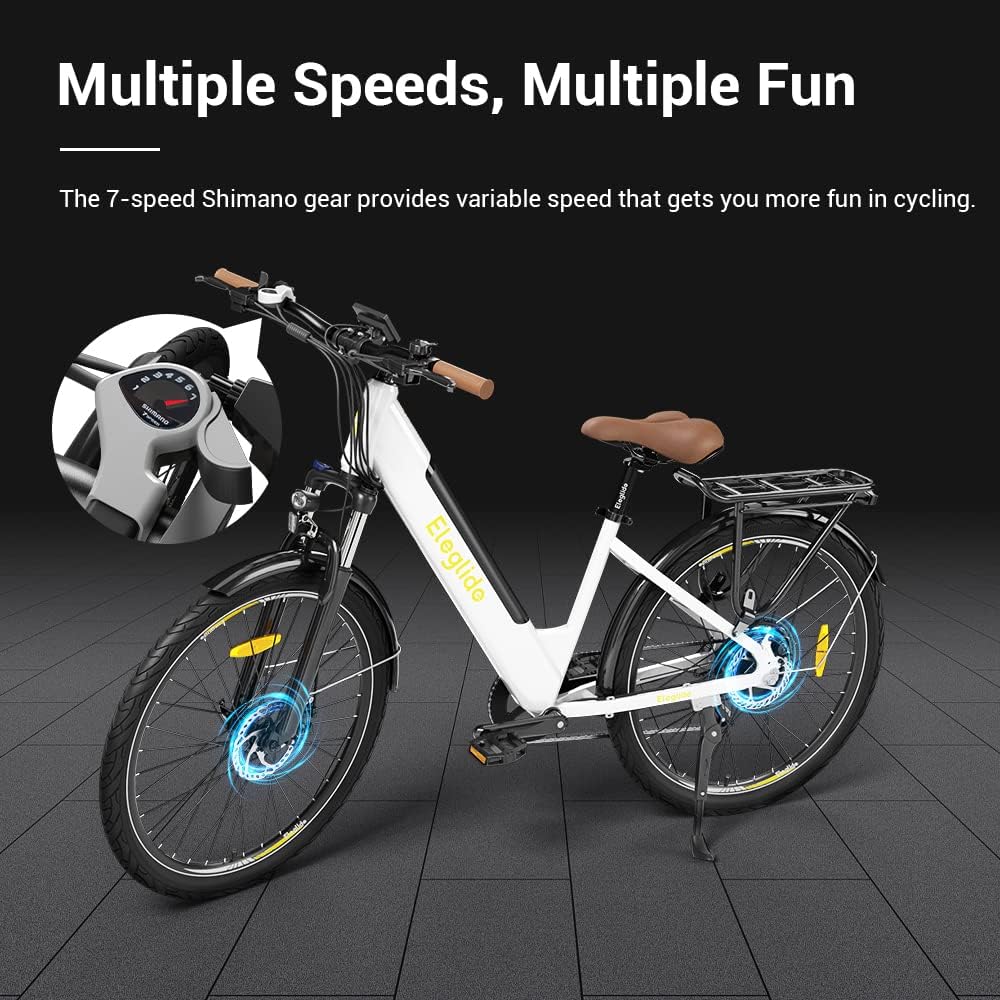 Eleglide T1 Step-Thru Vélo Électrique, Vélo de Trekking électrique, E-Bike 27,5 Pouces, Batterie 36V 12,5AH, 7 Gear, Double Frein à Disque, Blanc VTC Electrique Homme Femme