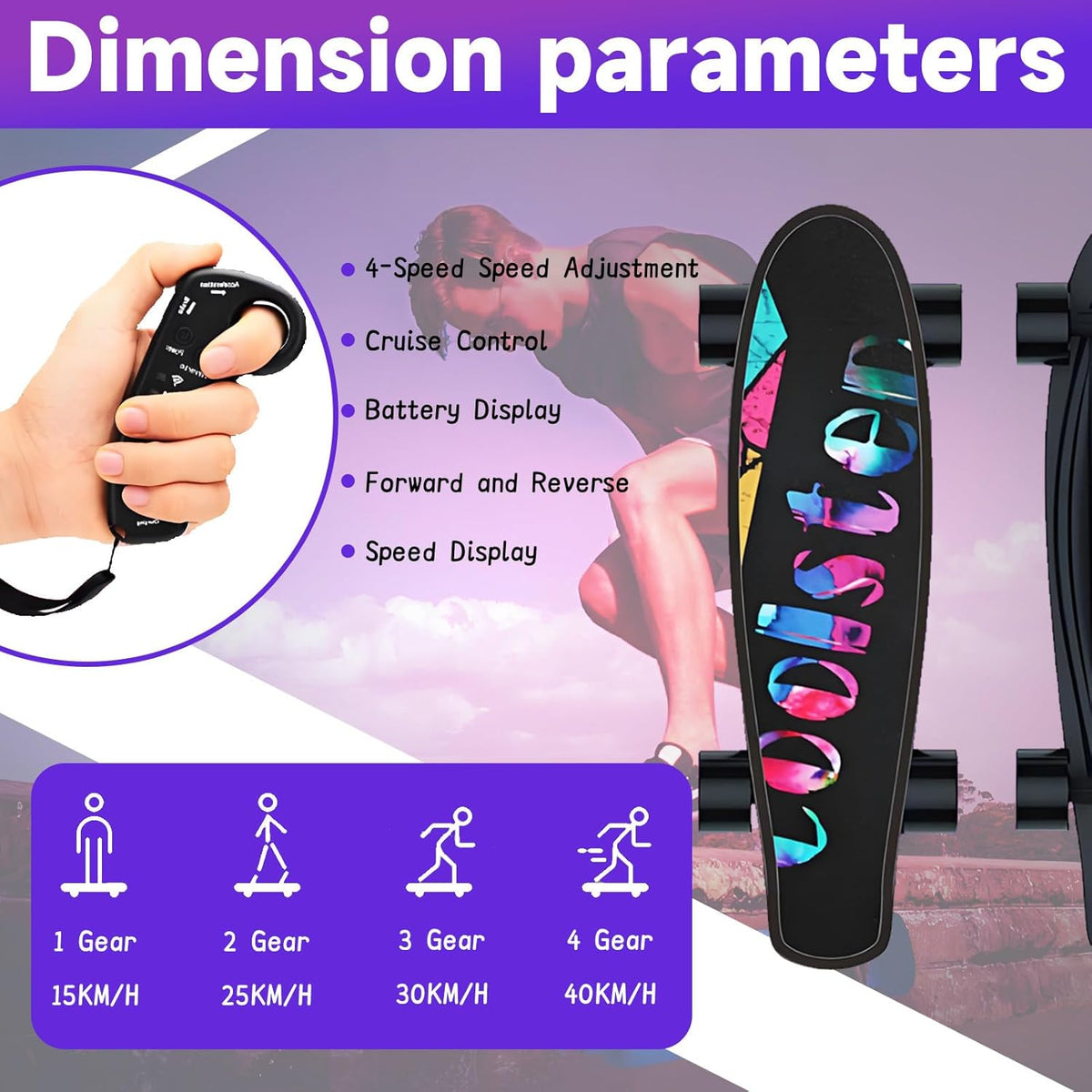 PxkVrin Skateboard électrique avec télécommande, autonomie de 24 km, capacité de Charge de 80 kg, pour Adultes/Femmes/Hommes. B-1