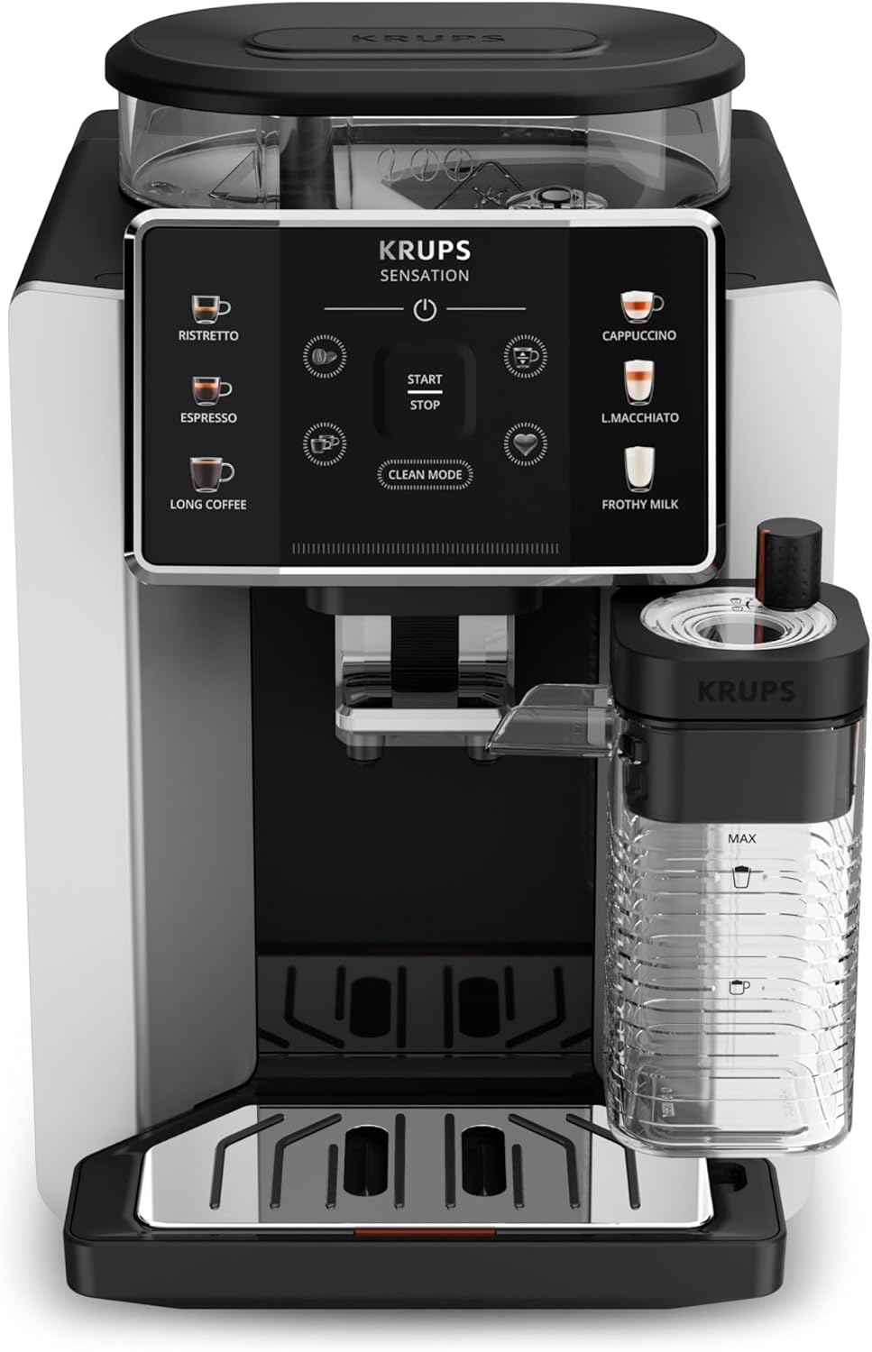 Krups Sensation Lait, Machine à café grains, machine expresso, 6 boissons, Carafe à lait, Cappuccino, Interface tactile, Nettoyage automatique, Silver, EA912E10