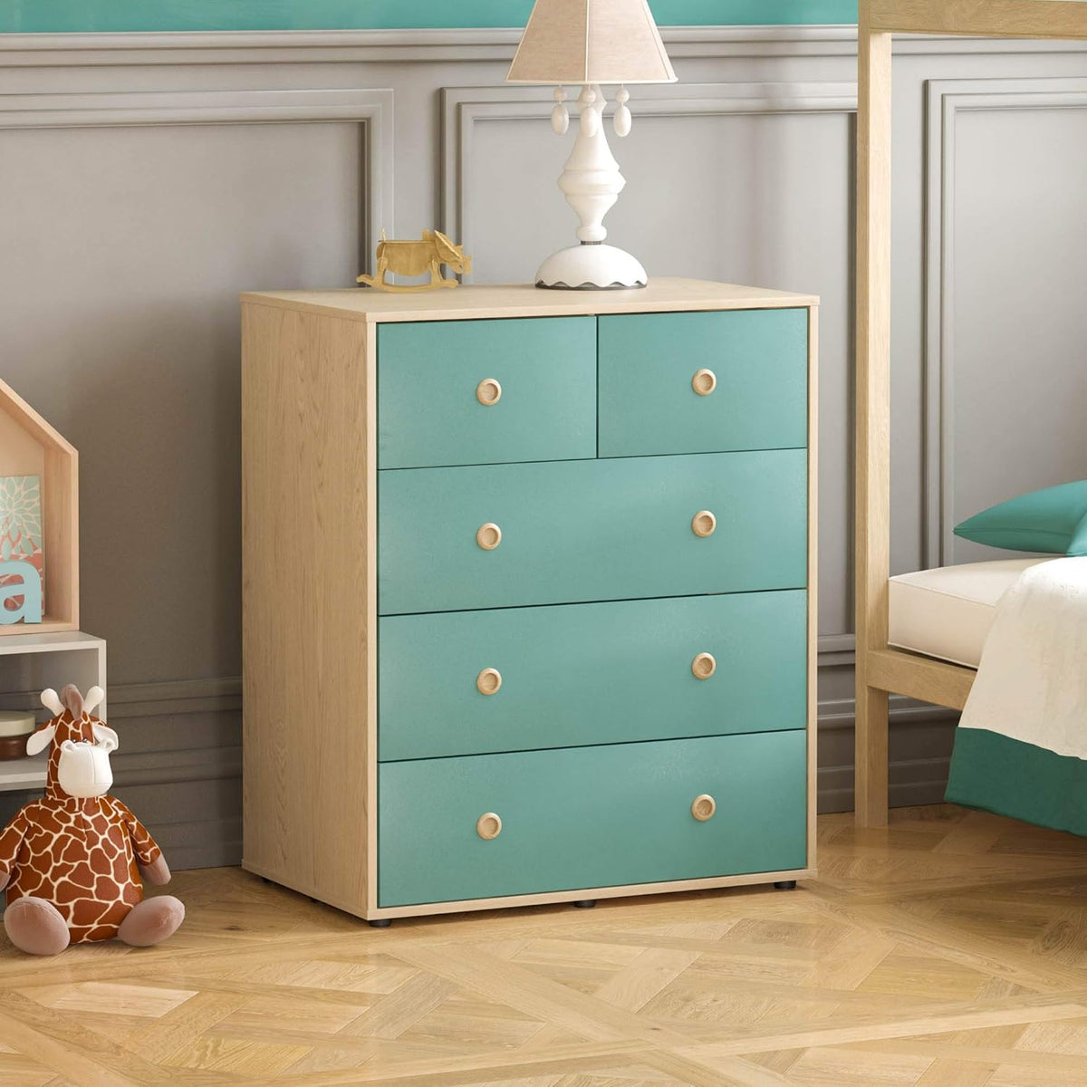 Junior Vida Neptune Ensemble de meubles de chambre à coucher 3 pièces avec table de chevet à 2 tiroirs, commode à 5 tiroirs, armoire à 1 porte (bleu et chêne)