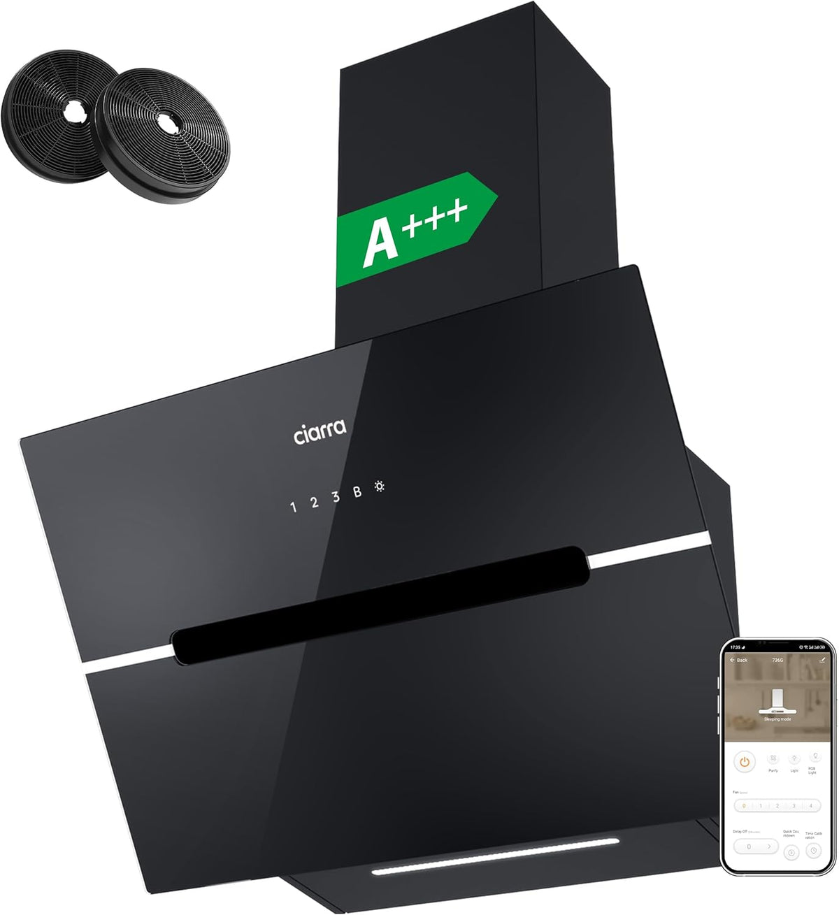 Ciarra CBCB6736F Classe A+++ Hotte Aspirante Inclinée 60cm - 650m3/h - Commande Tactile et Wi-Fi - Fonction Boost - Design en Verre Élégant - Noir