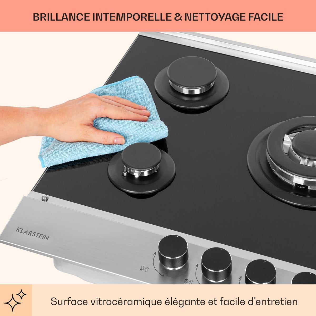 Klarstein 10.4 kW Inox Plaque de Cuisine Gaz Encastrable 5 Feux, Table de Cuisson à Gaz 5 Brûleurs, Piano Gaz en Acier Inoxydable