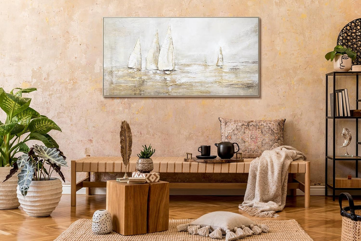 YS Tableau decoration murale salon peinte à la main Éblouissement solaire Peinture moderne paysage marin avec voiliers tons beiges avec or avec cadre 140x70 cm