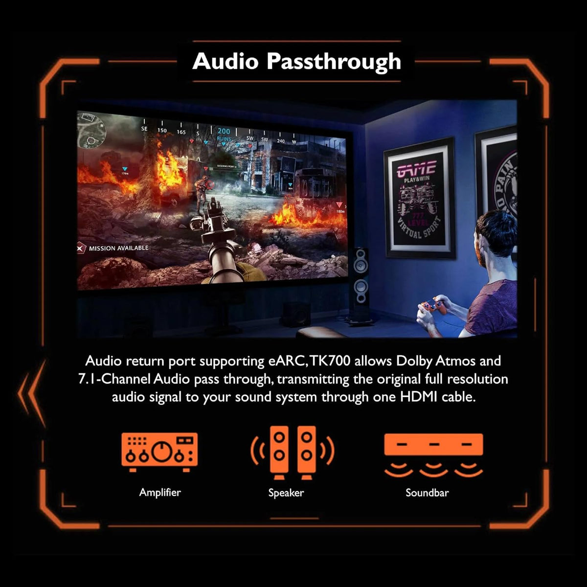 BenQ TK700 vidéoprojecteur Gaming 4K HDR avec HDMi - 2.0 * 2 | 60hz @ 4K | 240hz @ 1080p | 3200 Al | Mode Jeu | Haut-Parleur Chambre 5W | 2D Keystone | 3D | PS5 | Series X