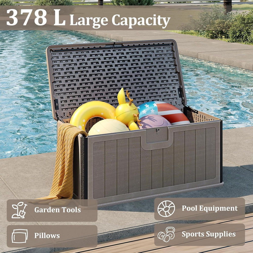 HOMASIS 378L Coffre de Rangement Imperméable, Banc de Rangement en Résine avec Couvercle Verrouillable, Armoire de Jardin pour Intérieur et Extérieur, Charge 200 KG, 130 x 64 x 59 cm (marron)