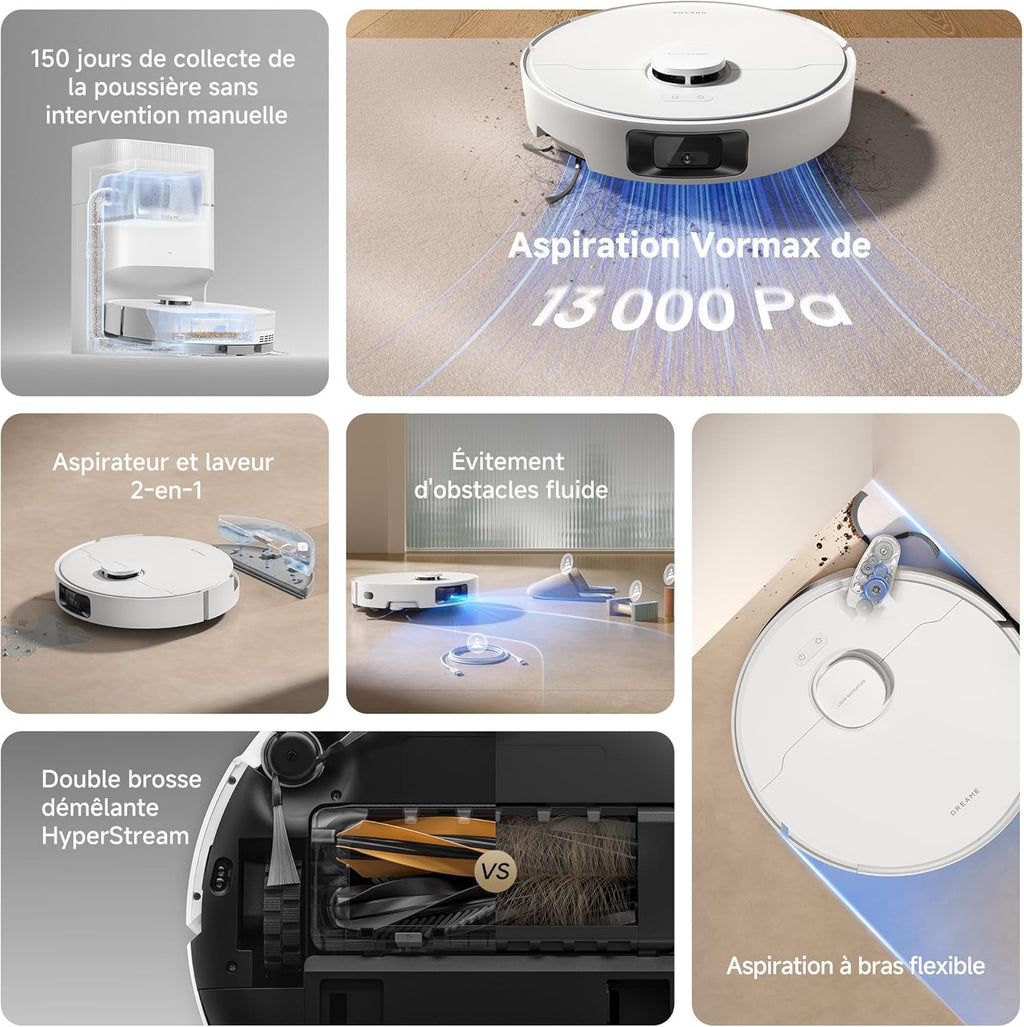 dreame D20 Pro Plus Robot Aspirateur 2-en-1, 13 000 Pa, Double Brosse, Auto-Vidage, Laser Navigation, Capteur Distance, Poils d’Animaux, Coins, Sols Durs & Tapis, Batterie 5200 mAh