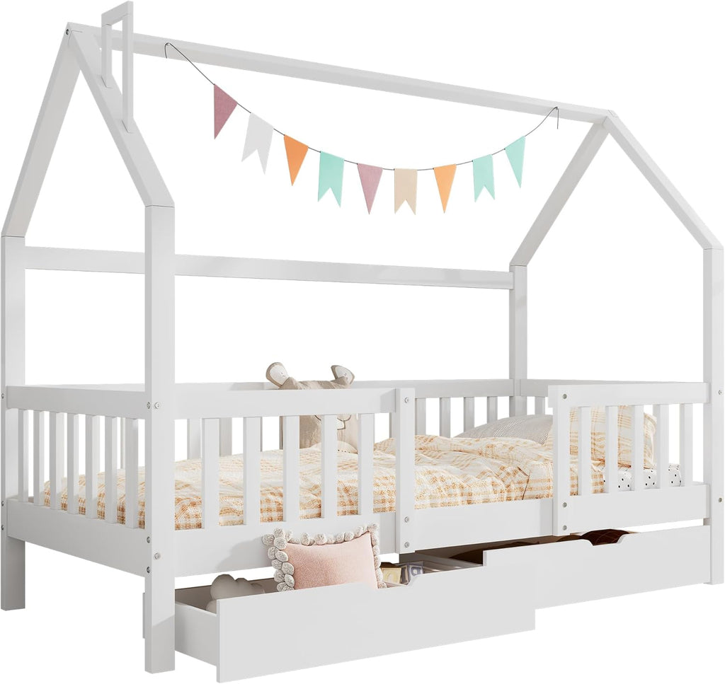 Merax Lit de Maison 90 x 200 cm, sommier à lattes en bois, tiroirs, chambre enfant
