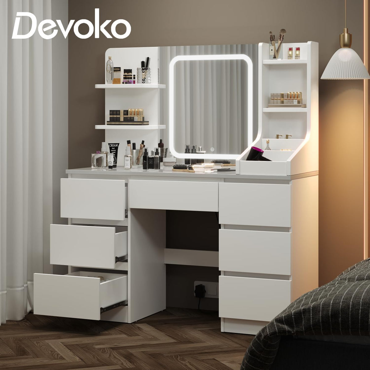 Devoko Coiffeuse LED avec 7 Grands Tiroirs, 3 Couleurs avec Luminosité Réglable, Table de Maquillage, Coiffeuse avec Miroir pour la Chambre à Coucher Blanc