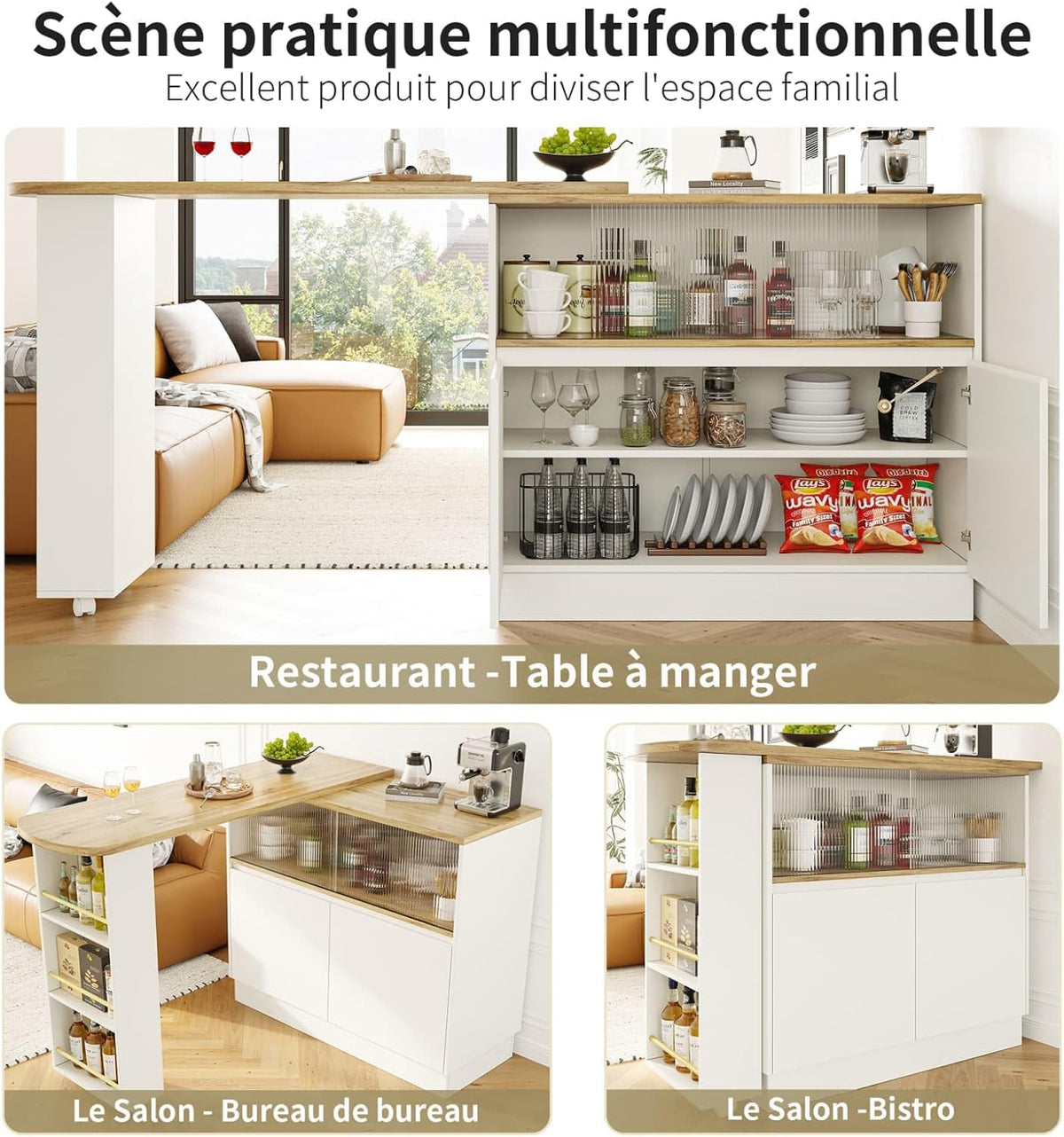 KOMHTOM Table de Bar Extensible avec Espace de Rangement, Meuble Bar avec 2 Portes en Verre, Rotation Libre à 360 °, étagères latérales (Blanc)