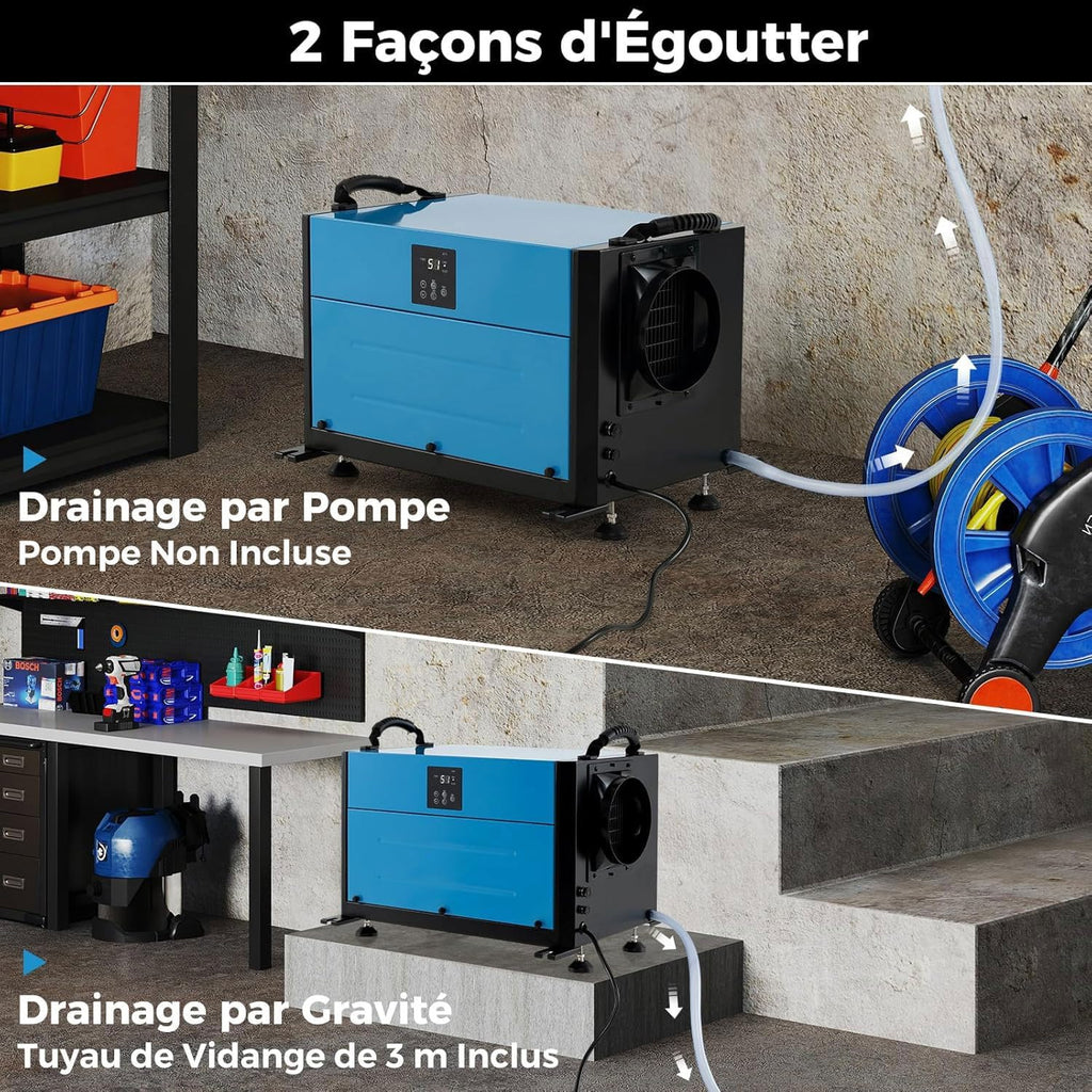 GOPLUS Deshumidificateur d Air Industriel 58,5L/Jour, Débit d'air 357m³/h, Panneau de Contrôle, Déshumidificateur Electrique 20 pour cent-90 pour cent Humidité, 2 Méthodes Drainage, Minuterie, pour 80㎡ (Bleu)