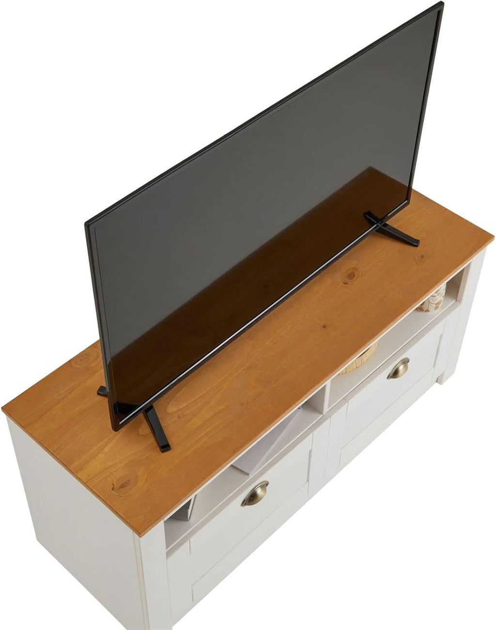IDIMEX Meuble TV Bolton 2 tiroirs et 2 niches de Rangement, Meuble télé Design Campagne en pin Massif Blanc et Brun, dim 110x50x40 cm
