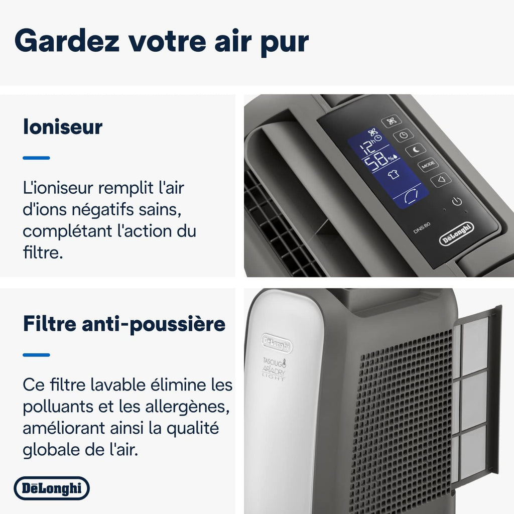 De'Longhi Déshumidificateur d'Air DNS80, Purificateur, Compact et Discret, 7.5L/Jour, Blanc
