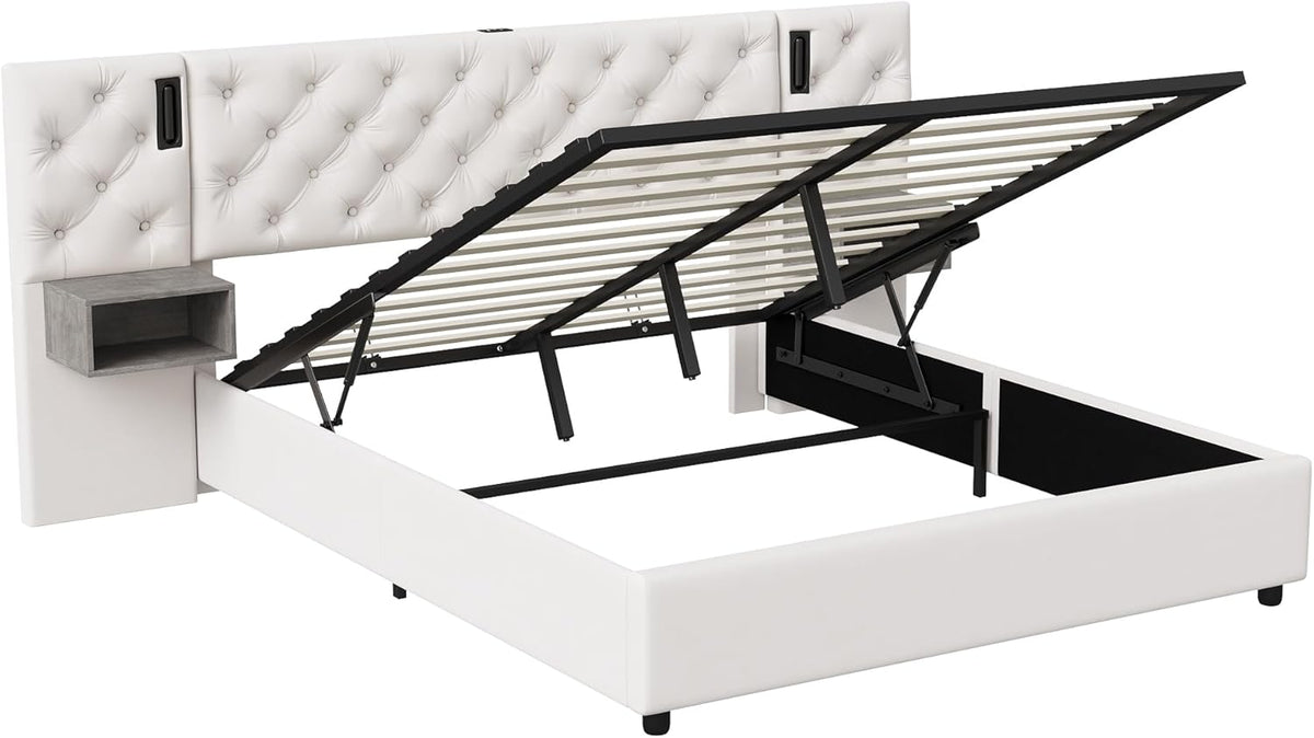 Julyue Lit double avec tables de chevet, 160 x 200 cm, rembourré, lampe de lecture et USB, hydraulique, rangement, cadre en bois, blanc