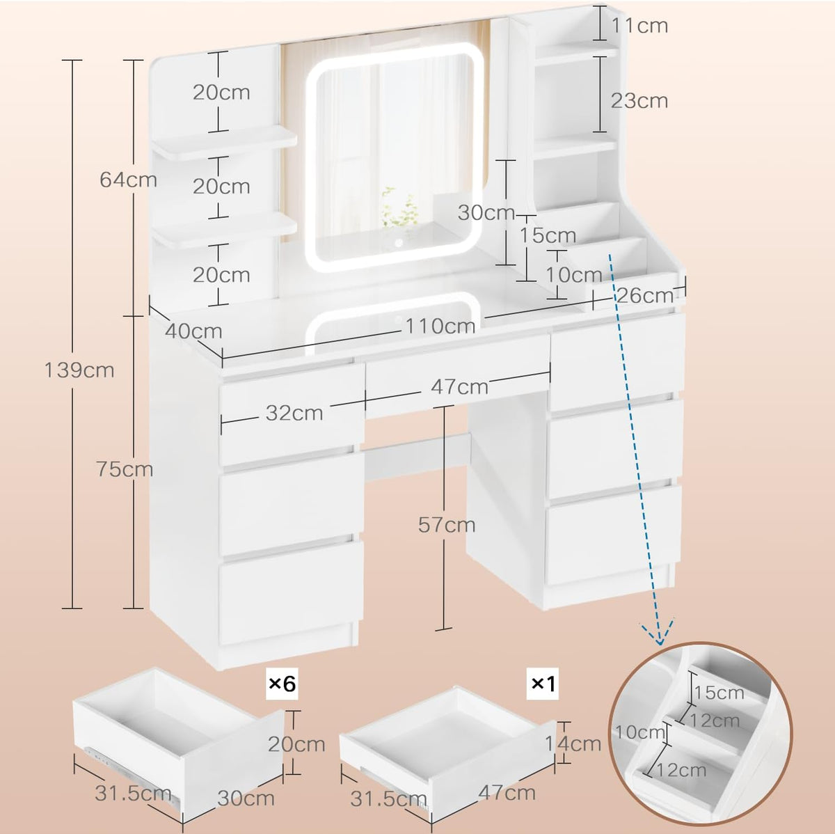 Devoko Coiffeuse LED avec 7 Grands Tiroirs, 3 Couleurs avec Luminosité Réglable, Table de Maquillage, Coiffeuse avec Miroir pour la Chambre à Coucher Blanc