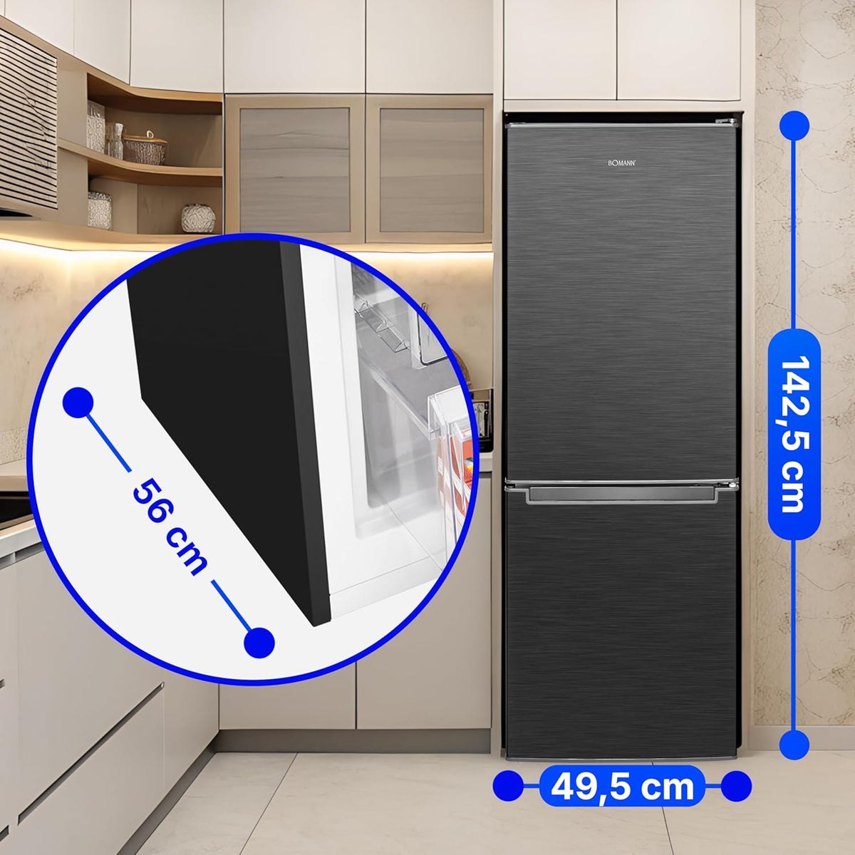 Bomann, Réfrigérateur et Congélateur 173L KG7359-Noir, 121L Réfrigérateur, 52L Congélateur 4 Étoiles, Contrôle Température, Éclairage LED, Design Réversible, Idéal pour Cuisine Moderne