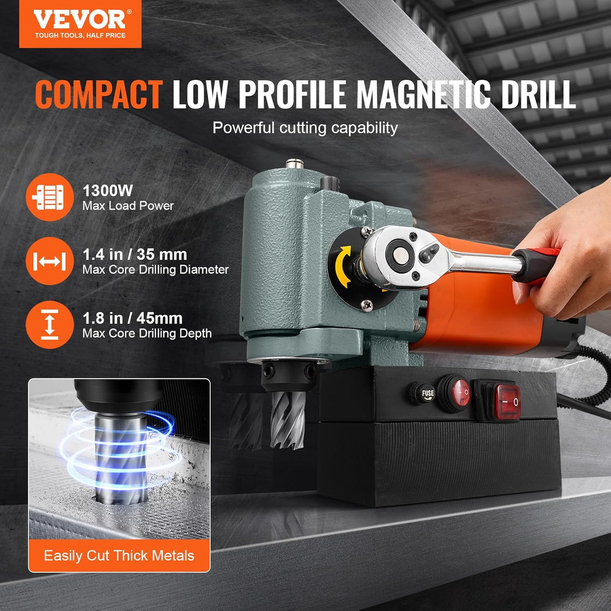 VEVOR Perceuse Magnétique à Profil Bas 1300 W, Perceuse à Colonne Magnétique Diamètre de Perçage Max. 35 mm, avec Dispositif de Refroidissement et Protection contre les Surcharges, pour Construction