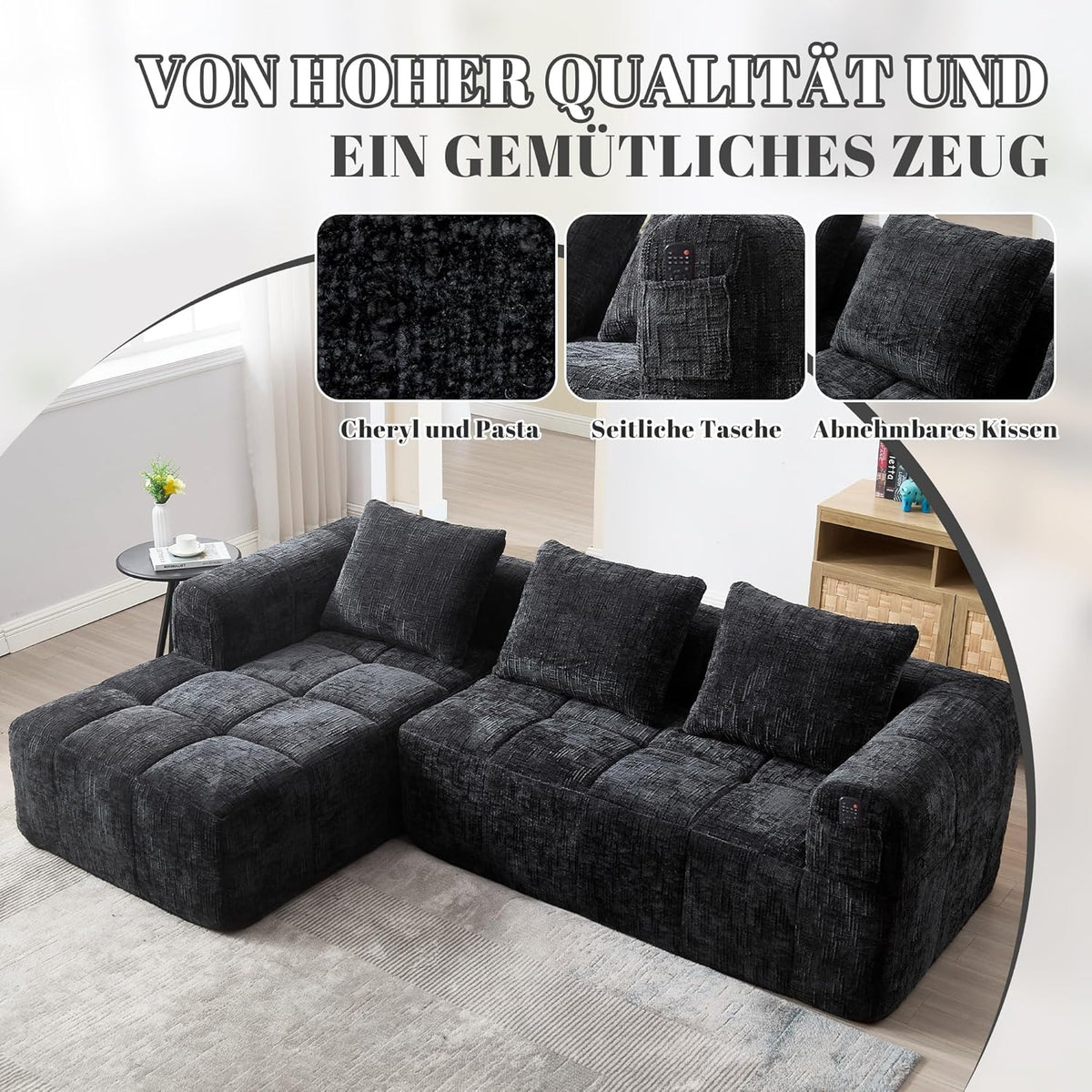 Canapé en Forme de U, 3 Places avec Méridienne, Design Moderne Rembourré avec Accoudoirs et 3 Coussins, Chenille Noir