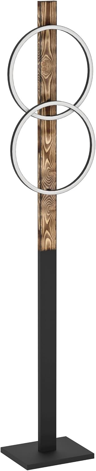 Eglo Lampadaire LED Boyal, luminaire intérieur à pied avec 2 cercles lumineux, lampe de salon rustique en bois flambé et métal noir, éclairage blanc chaud, 150 cm
