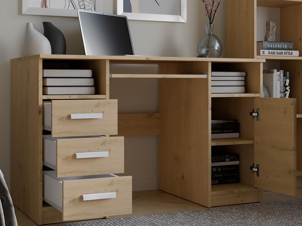 BDW Delta Bureau avec 3 tiroirs et 1 armoire, 120 x 75 x 60 cm, plateau pour clavier, Biruo, chambre d'enfant, salon, chêne artisanal