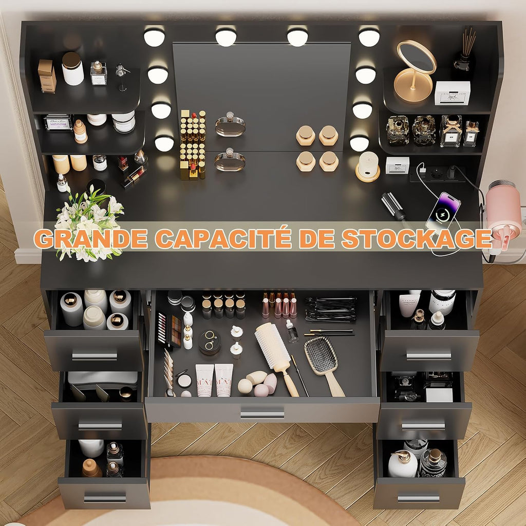 Airfish Coiffeuse LED, tiroir et prise, bureau de maquillage moderne avec étagères, commode pour chambre à coucher