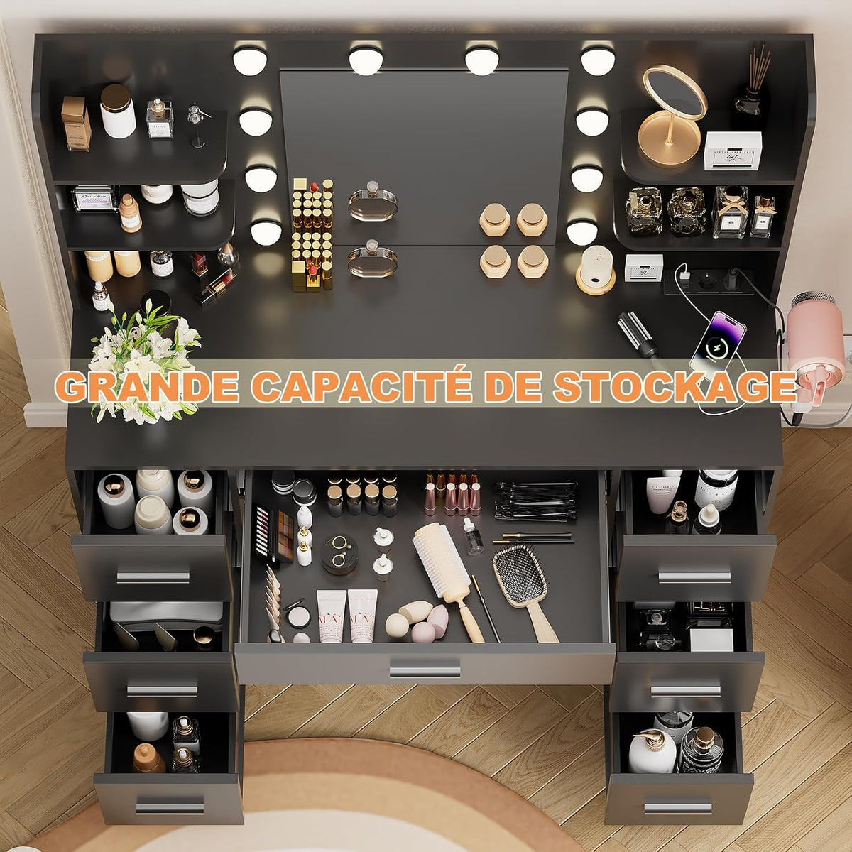 Airfish Coiffeuse LED, tiroir et prise, bureau de maquillage moderne avec étagères, commode pour chambre à coucher