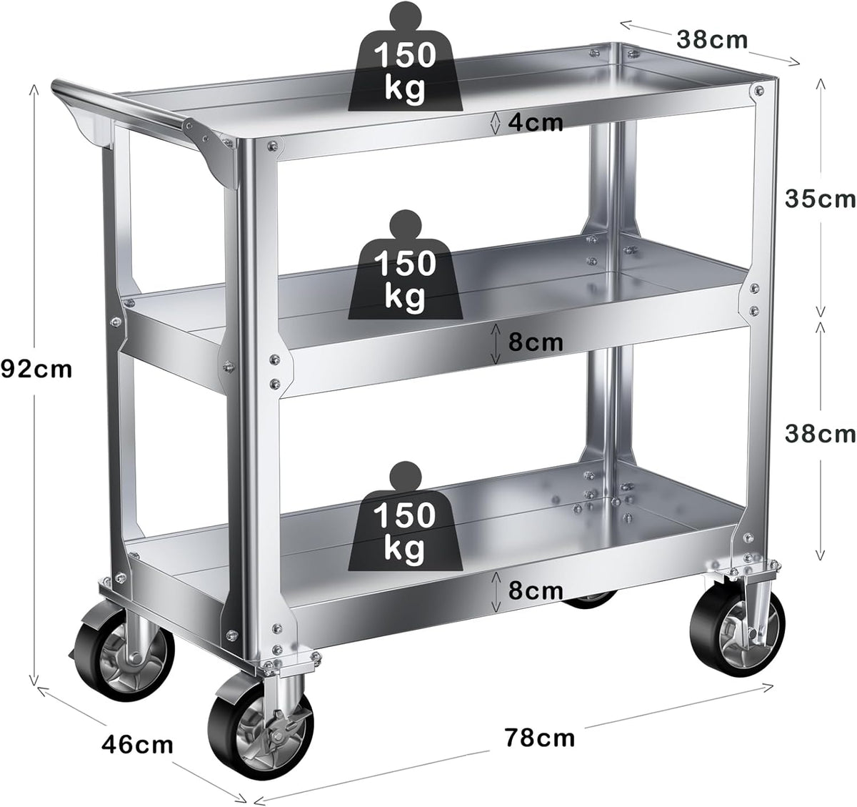 Vockol Chariot d'Atelier en Acier Inoxydable, Chariot à Outils à 3 Étages d'une Capacité de 500kg, Chariot de Travail, Chariot Servante d'Atelier pour Garage, Atelier, Cuisine, 78 x 46 x 92 cm
