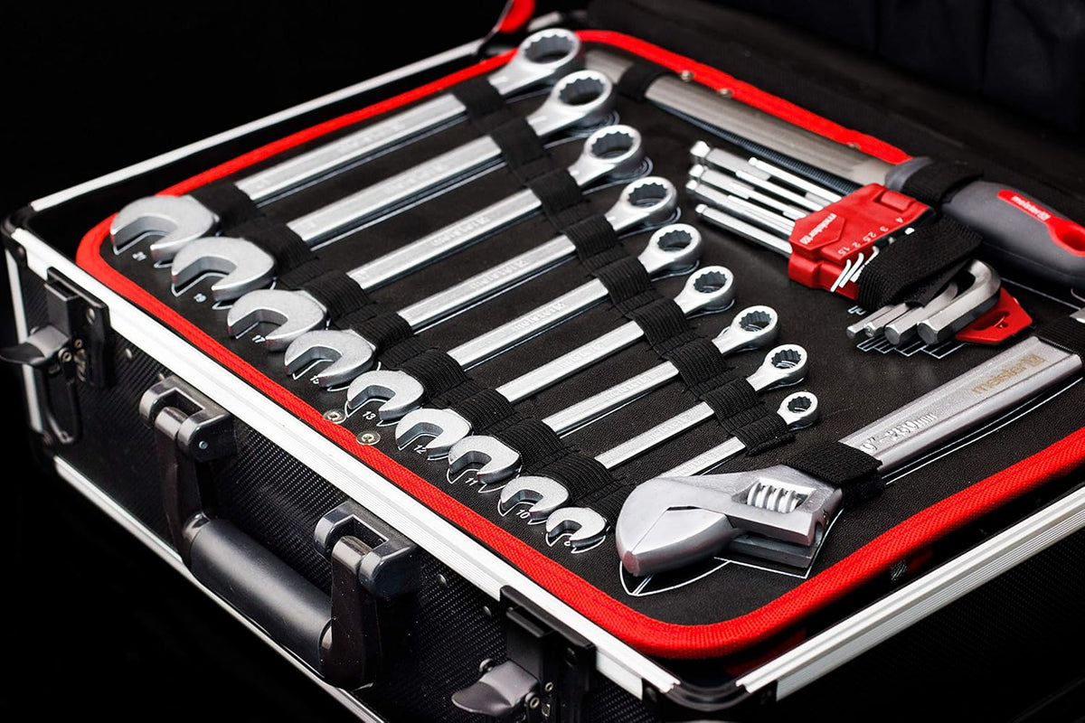 Meister 8973770 Tool Boîte à outils professionnelle remplie de qualité Knipex et Wera, manche télescopique sur roues