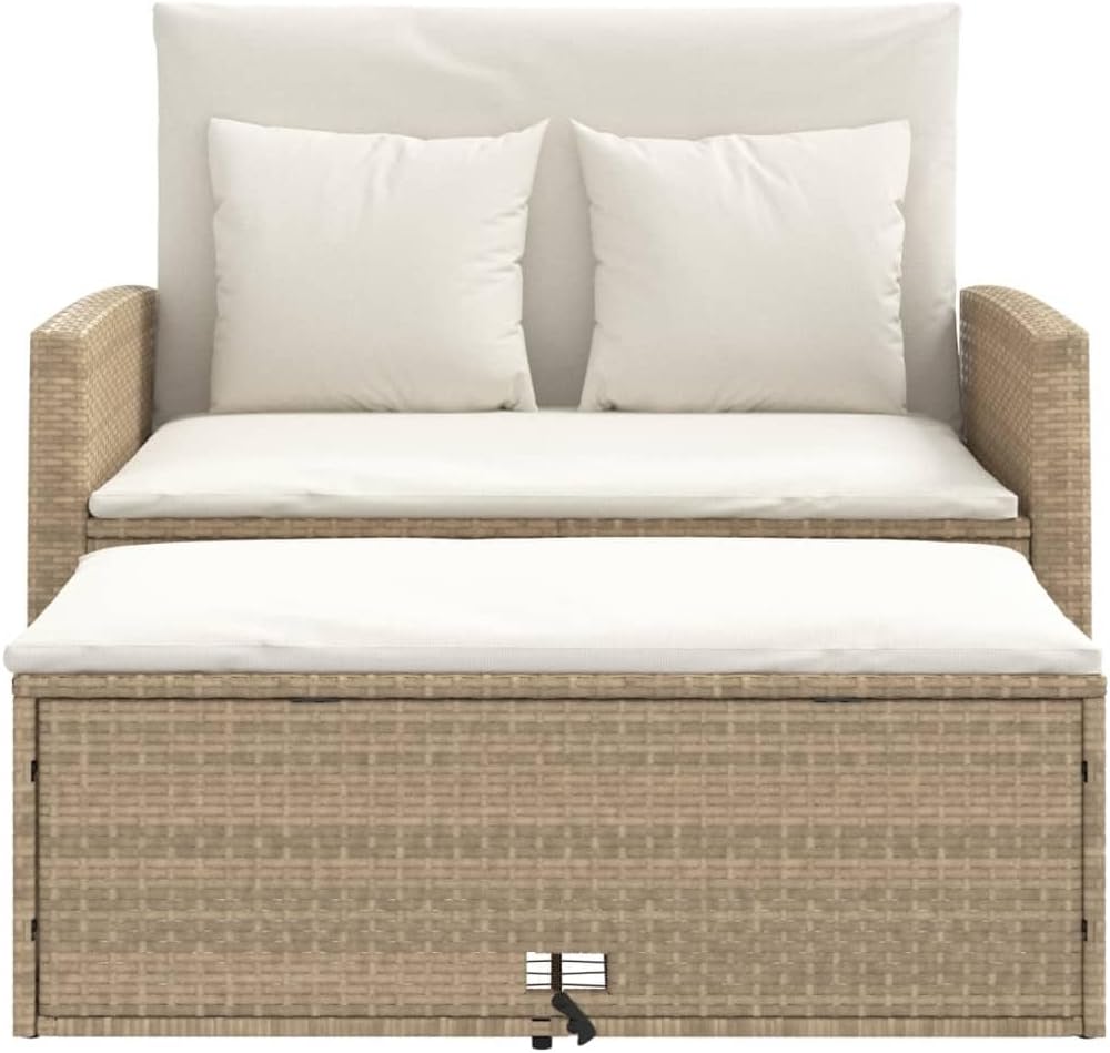 vidaXL Canapé de Jardin avec Coussins 2 Places, Siège avec Repose-Pieds, Canapé-lit avec Dossier, Meuble de Terrasse Patio, Beige Résine Tressée