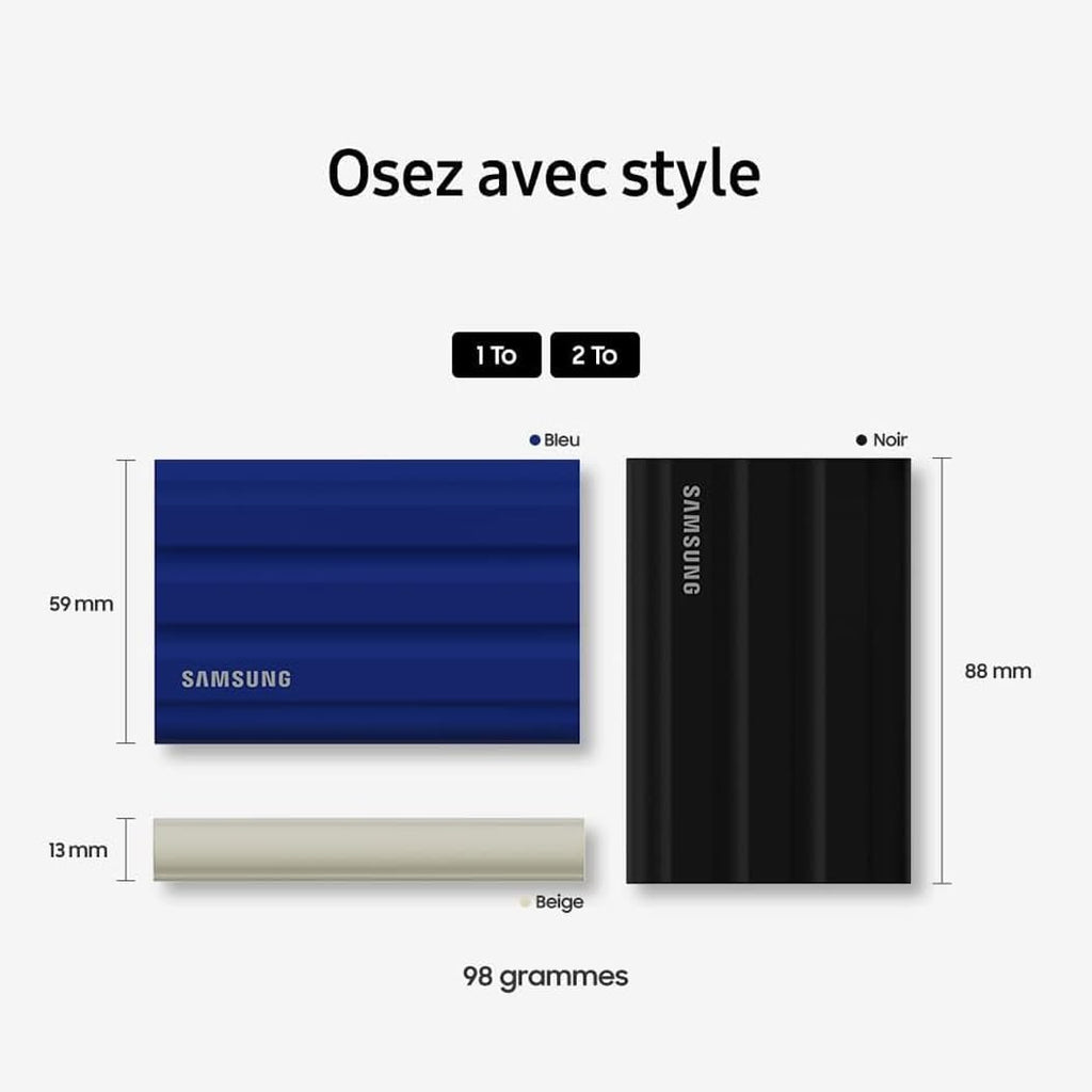 SSD Externe T7 Shield, 2 To, Noir, MU-PE2T0S/EU, vitesse de lecture/écriture jusqu'à 1050Mo/s, USB 3.2 Gen 2