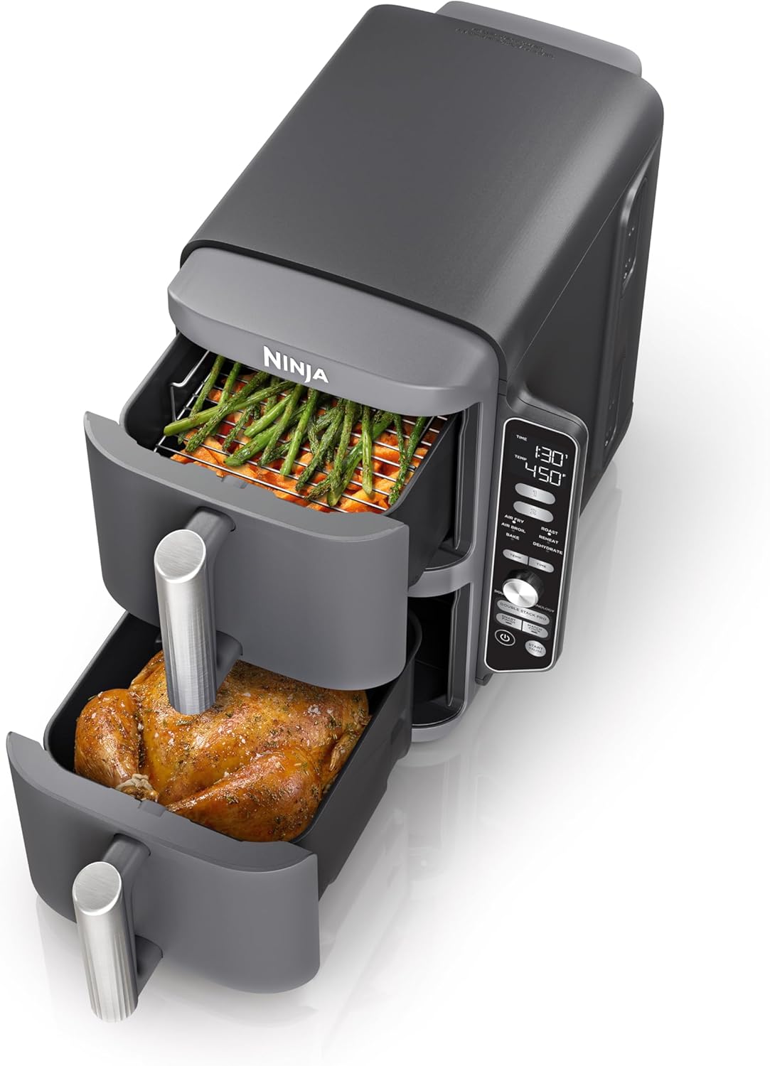 Ninja SL401 DoubleStack XL Friteuse à air comprimé à 2 paniers, technologie DoubleStack cuit 4 aliments à la fois, design compact, 10 litres, 6 en 1, finition intelligente et cuisson des allumettes