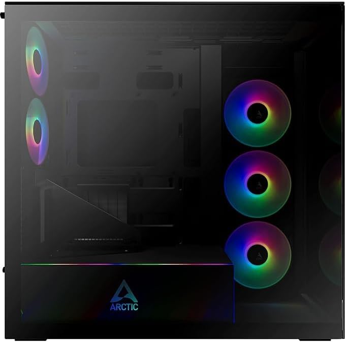 ARCTIC Xtender VG (Mirror Black) avec Montage Vertical de GPU - Boîtier PC, Verre Miroir, Support pour Radiateur 2 x 420 mm, Tour Midi, E-ATX, 5X Ventilateurs A-RGB Pré-installés - Noir
